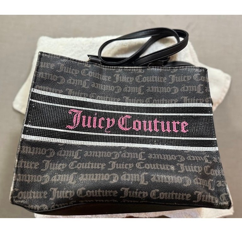 Juicy Couture Black Canvas Tote Bag Rhinestone Logo Double Handle Shoulder Y2k.